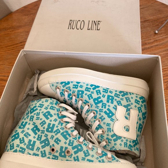 Ruco Line women's size 35 IT hidden wedge heel ' R ' logo print leather sneakers - Picture 8 of 8